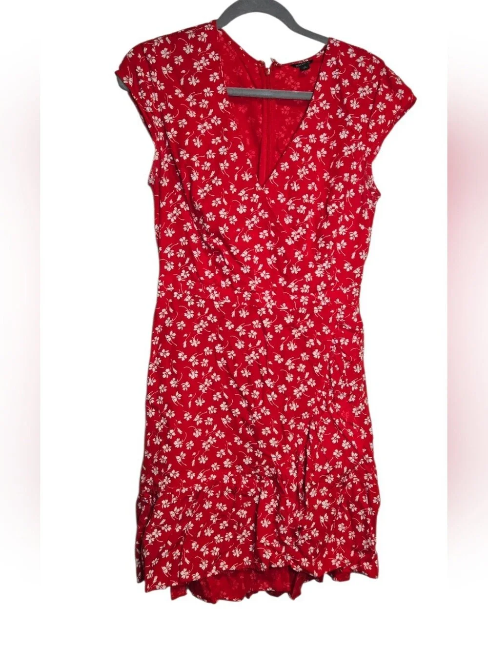 J. Crew Red Floral Faux Wrap Mini Dress V Neck Ruffle Hem Preppy Romantic